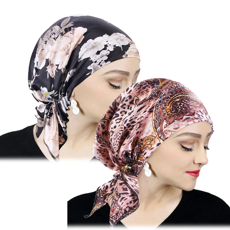 2PCS/LOT Popular Satin Printed Three-Comered Hat Women Fashion Pre-Tie Headscarf Comfortable Turban Cap Durag Wrap Head Hats