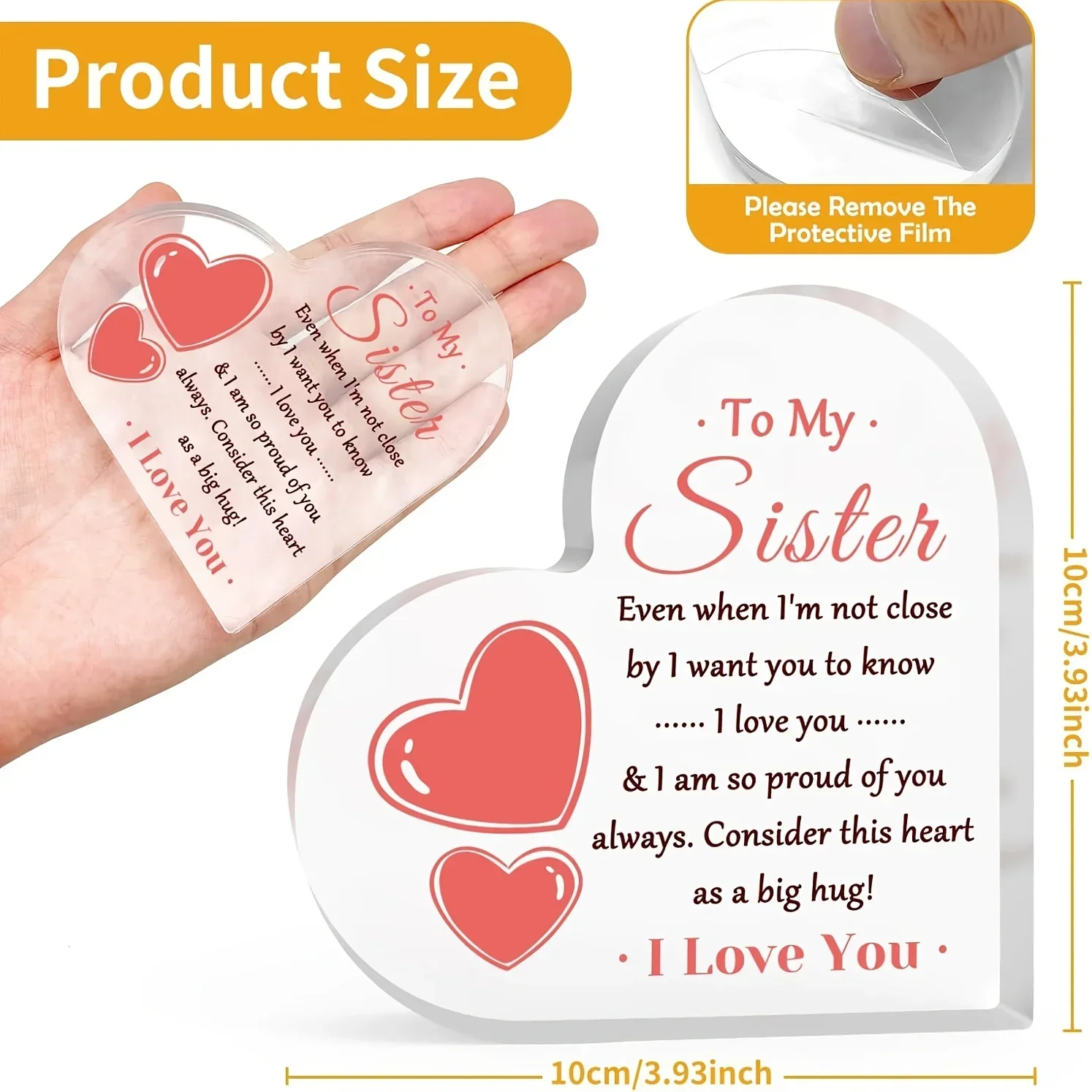 Sister Gift Heart Shaped Acrylic Ornament, Warm Family Quote Tabletop Decor for Birthday Holiday