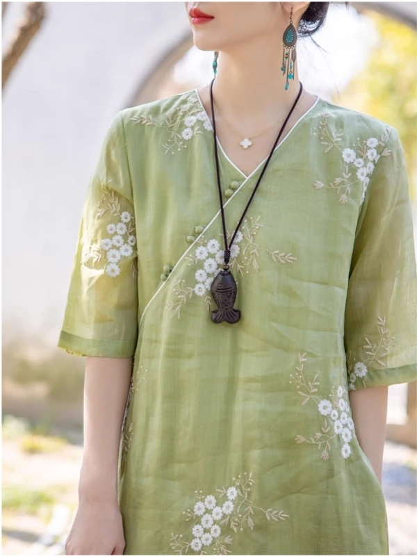 Ele V-Ne bordado A-Line Dr cinco cuartos Sve modificado chino Sle Midi Dr Verano 2025