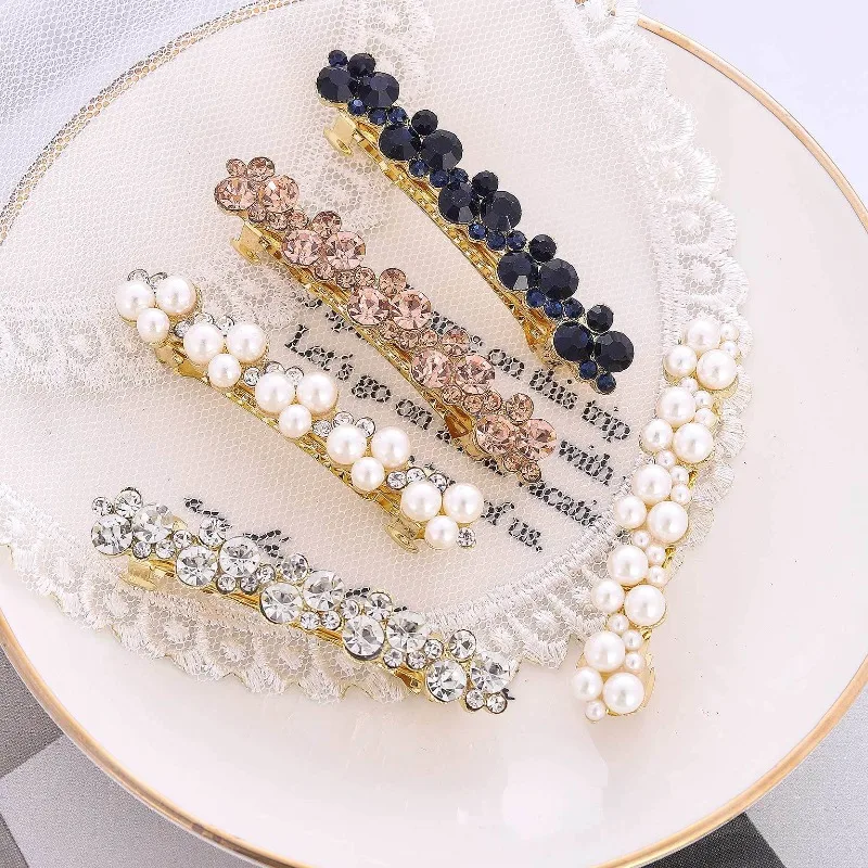 

Delicate Pearl Rhinestone Hair Clip Elegant Spring Bobby Pin for Women Girls Non Slip Top Side Clip for Fine Hair Wedding Party