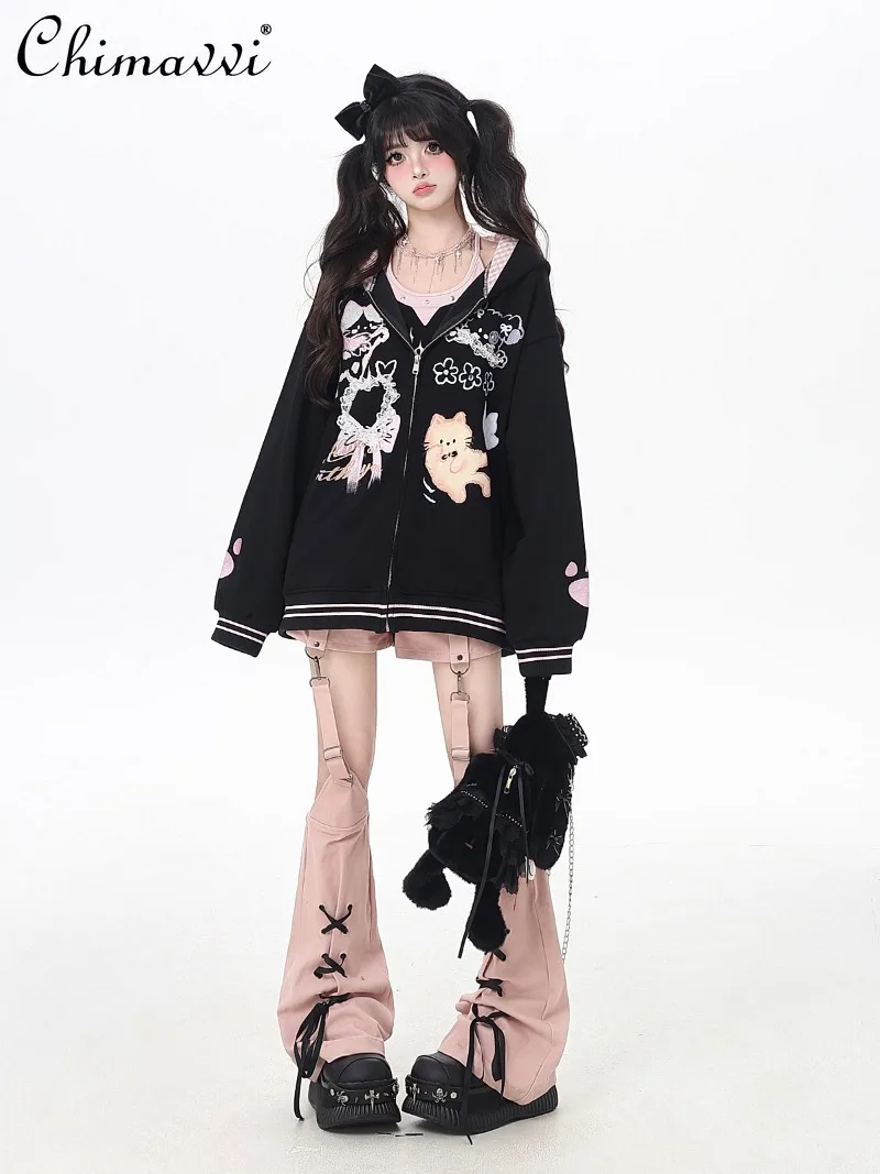 2025 roupas de outono nova moda solta kawaii jaqueta feminina bonito meninas feminino doce renda xadrez gato impressão com capuz manga longa casaco