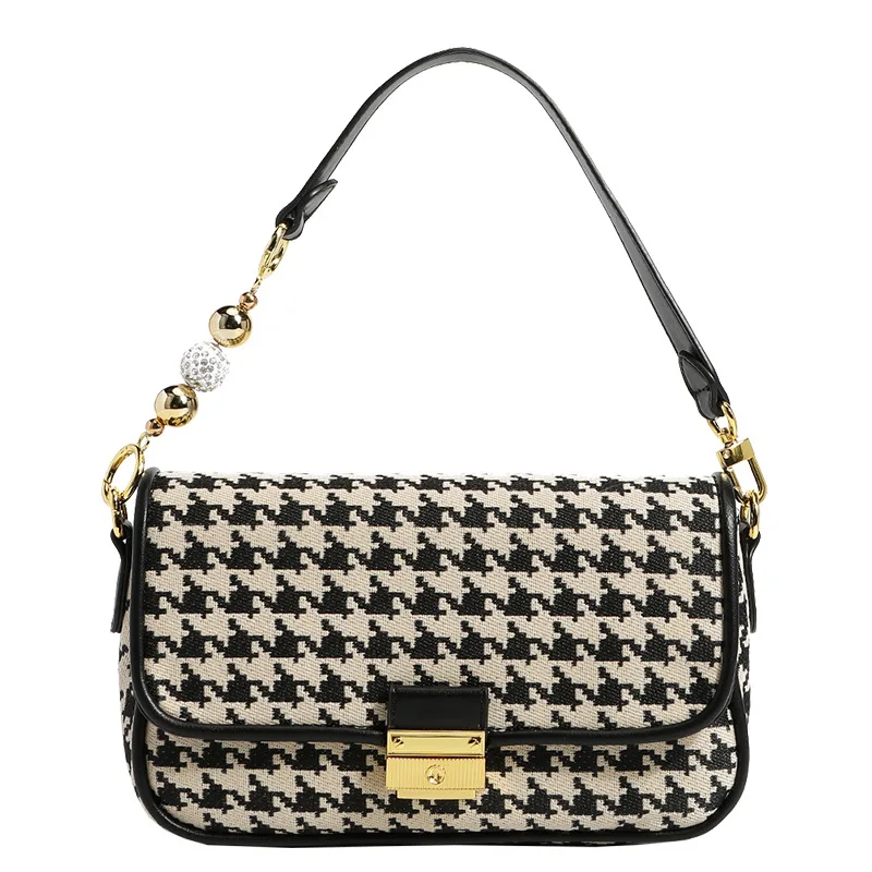 Women\'s Fashionable Black and White Houndstooth Canvas Shoulder Bag  Luxury Designer Underarm Handbag Classic Style