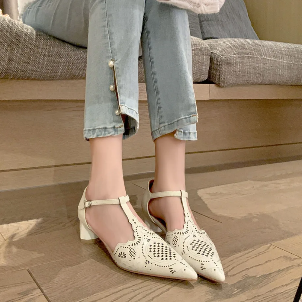 

4cm Cow Genuine Leather Platform Wedge Buckle Women Sandals Point Toe Ethnic Chunky Heels Pumps Fashion Slipper Summer