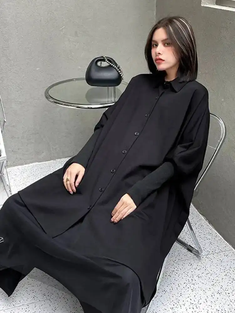 Vrouwen Zwart Onregelmatig Big Size Lange Blouse Nieuwe Revers Lange Mouw Loose Fit Shirt Mode Tij Lente Herfst