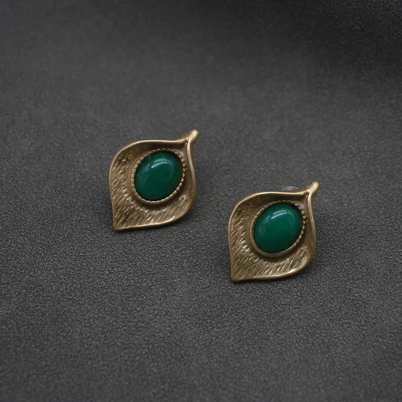2025 New European and American Earrings Treasure Jewelry Natural Stone Inlaid Ginkgo Leaf Antique Earrings