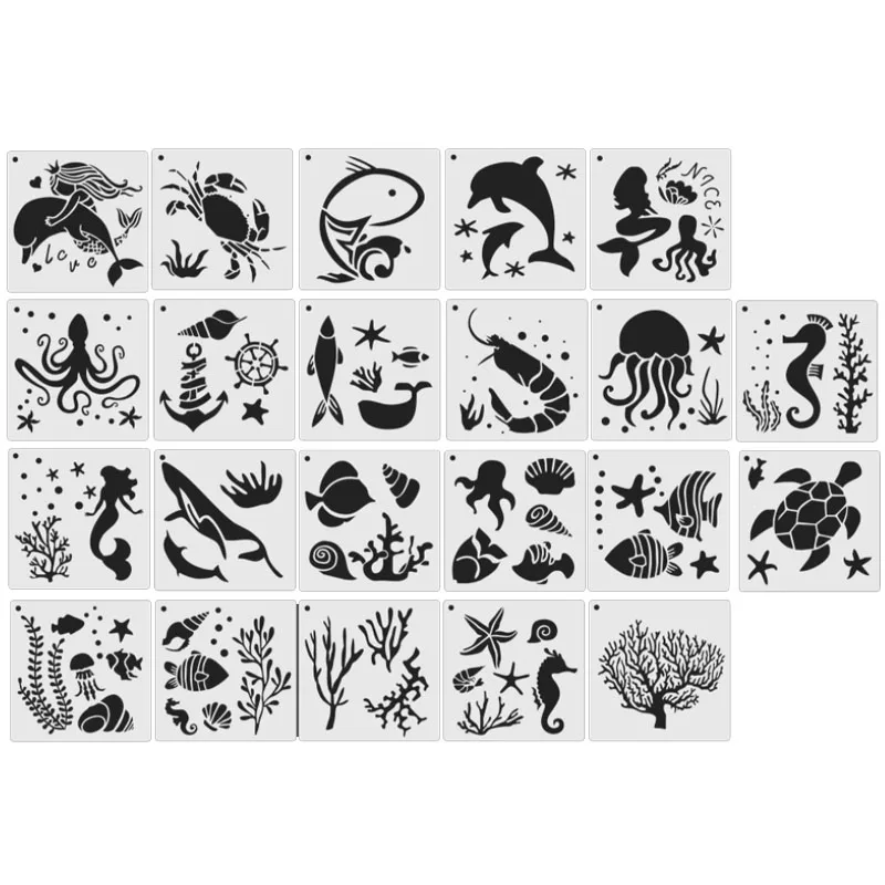 22pcs Kawaii Marine Life Themed Stencils 13x13cm DIY Painting Scrapbooking Coloring Embossing Drawing Decoration Templates