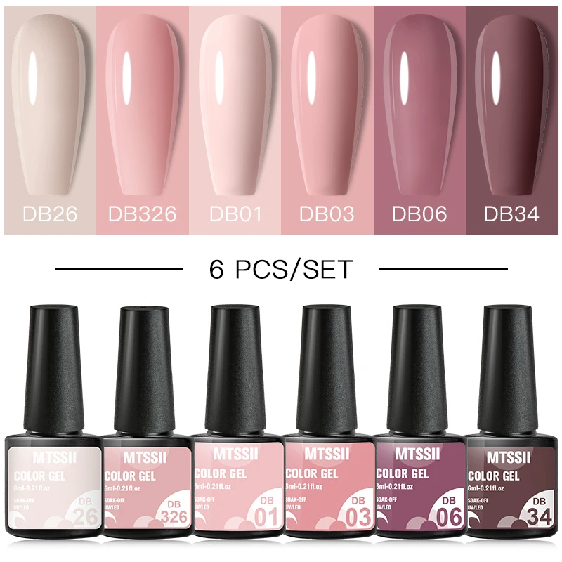 6 Stuks Nude Roze Gel Nagellak Set Winter Kleuren Semi-Permanente Vernis Weken Van Uv Led Gel Nail Art Manicure Basis Top Jas Kit