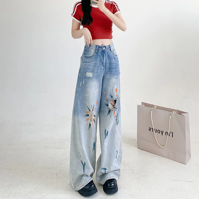 

Новинка 2023 года, расписные джинсы с низкой талией для женщин: узкие расклешенные рваные джинсовые брюки, синие эластичные перетаскивающиеся в пол, повседневные модные Y2K