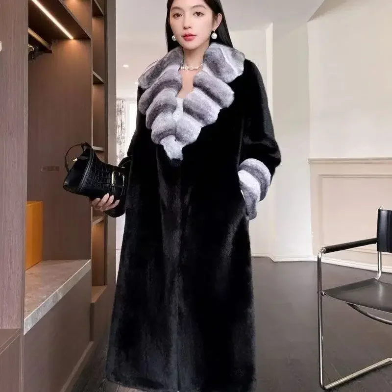 2025 Winter Fashion New Women's Fur Coat Commuter Splicing V-neck Fake Fur Coat
