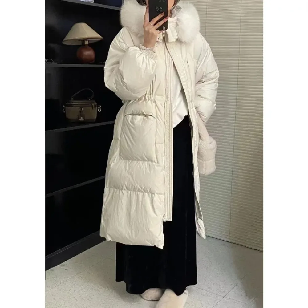 Down Jacket Women Luxury Outerwear Long Puffer Coat Warm Female Fluffy Parkas Loose 2024 Real Fox Fur Collar 90% Duck Down Coat