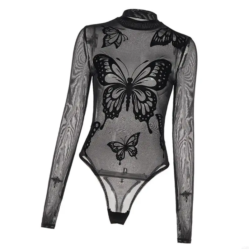 

270D Stylish Sheer Mesh Butterfly Bodysuit for Women Long Sleeve Mock Neck Leotard