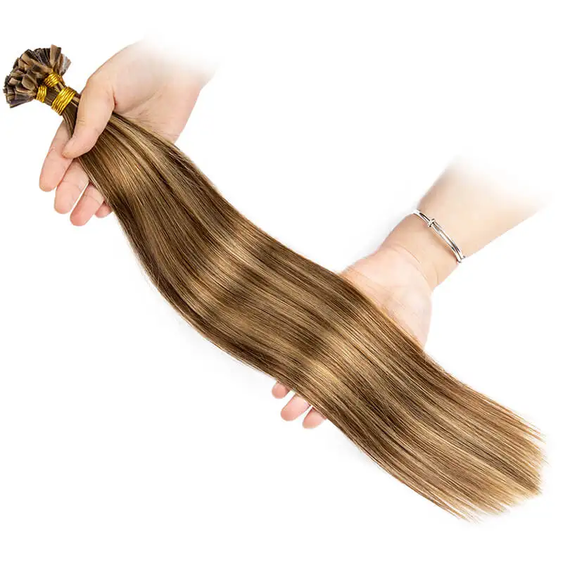 Extensiones de cabello humano de fusión recta para mujer, 12-24 pulgadas, Keratina, punta en V, Remy, Color marrón y Rubio, 50 piezas