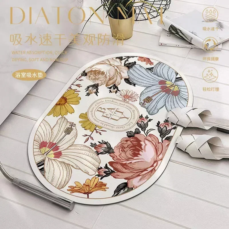 1pc Vintage flower soft diatomaceous mud floor mat, bathroom bathroom, toilet door mat, water absorption and anti slip speed