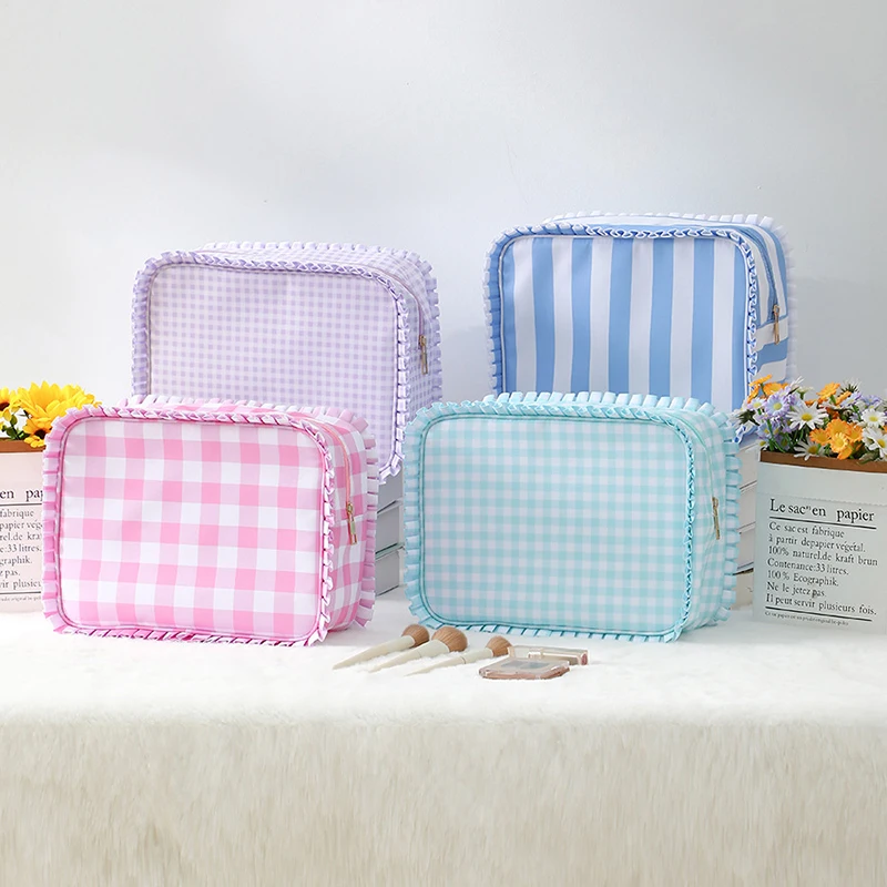 3pcs Makeup Bags Women Polyester Grid Printing With Lace Square Protable Travel Storage Bag With Lace