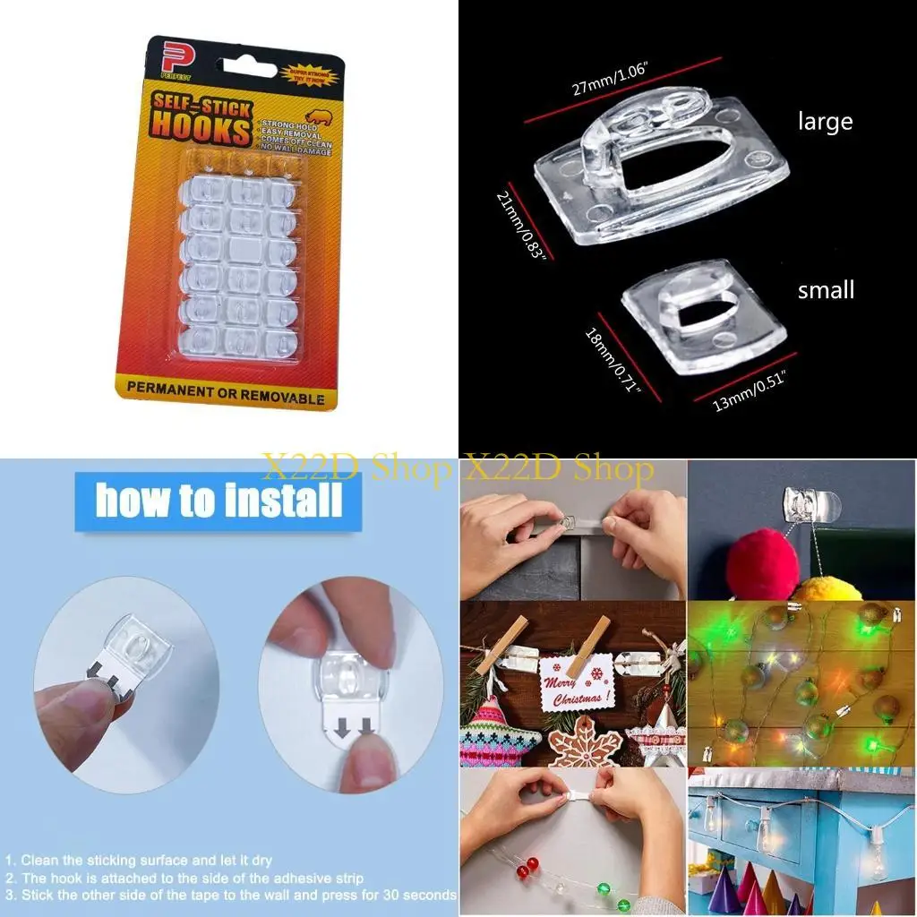 X22D 1 Set Damage-Free Waterproof Clear Wall Hooks with Strips String Lights Hanger