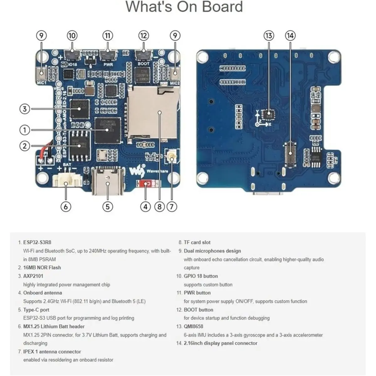 - 2.16inch Touch AMOLED Display Dev Board 480 X 480 16.7M Color Display for Dual Microphones 2.4GHz Wi-Fi BLE 5