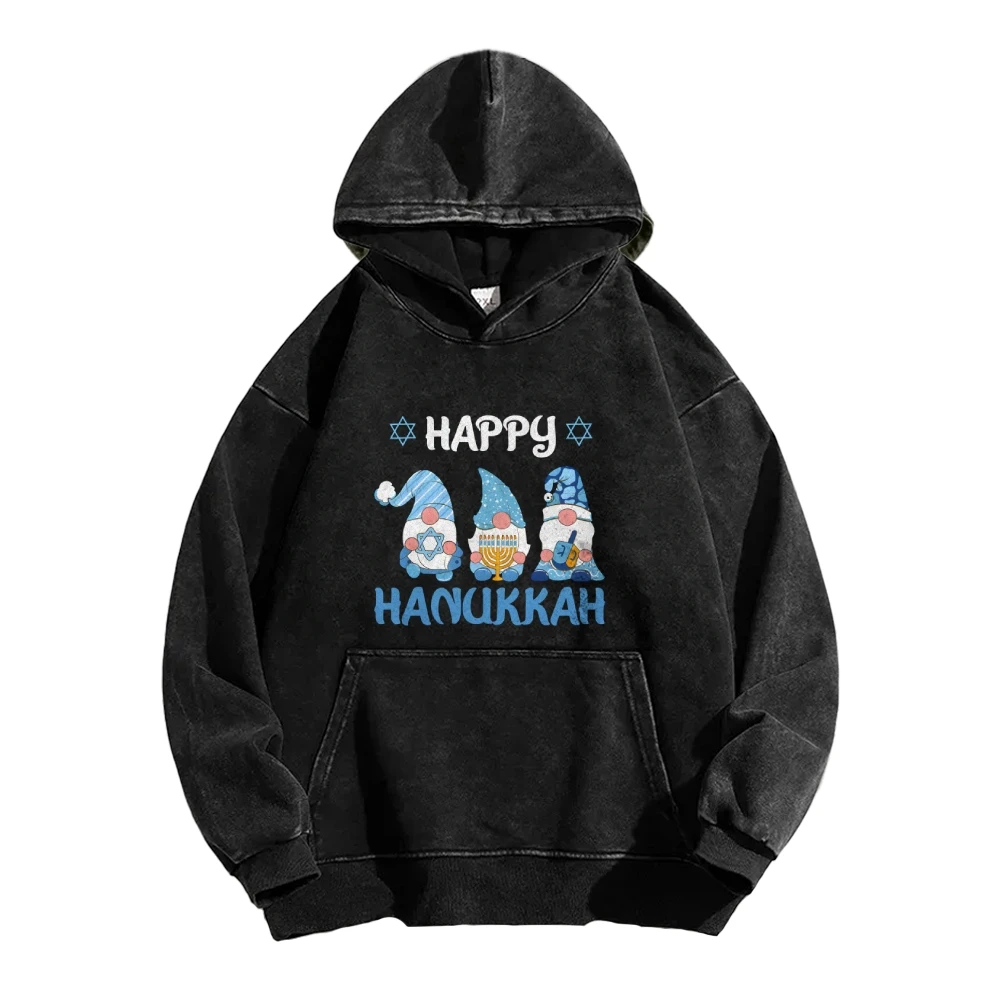 HAPPY HANUKKAH Casual Washed Hoodie Cartoon-Style Dwarves in Festive Attire Celebrate Hanukkah Pullovers Vintage Retro Top Women