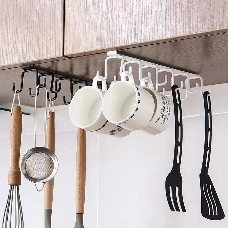 Punch-free Double-row Hooks Kitchen Cupboard Under Shelf Mug Cup Hanger Hook Iron Hanging Rack Holder Kitchen Cabinet Organizer