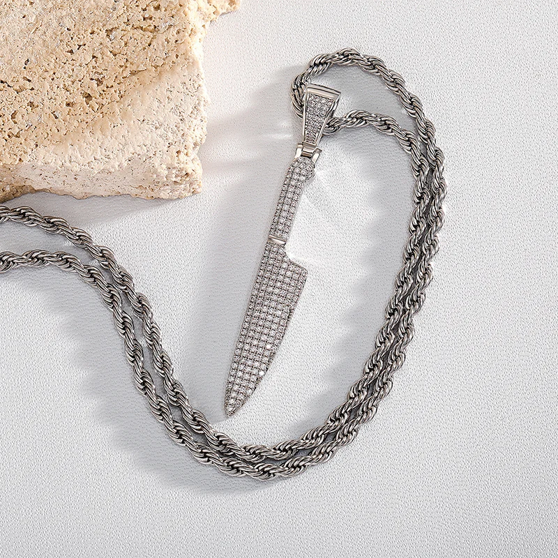 Hip Hop 5A+ CZ Stone Bling Iced Out Solid Dagger Knife Pendants Necklaces for Men Rapper Jewelry Gold Silver Color Drop Shipping