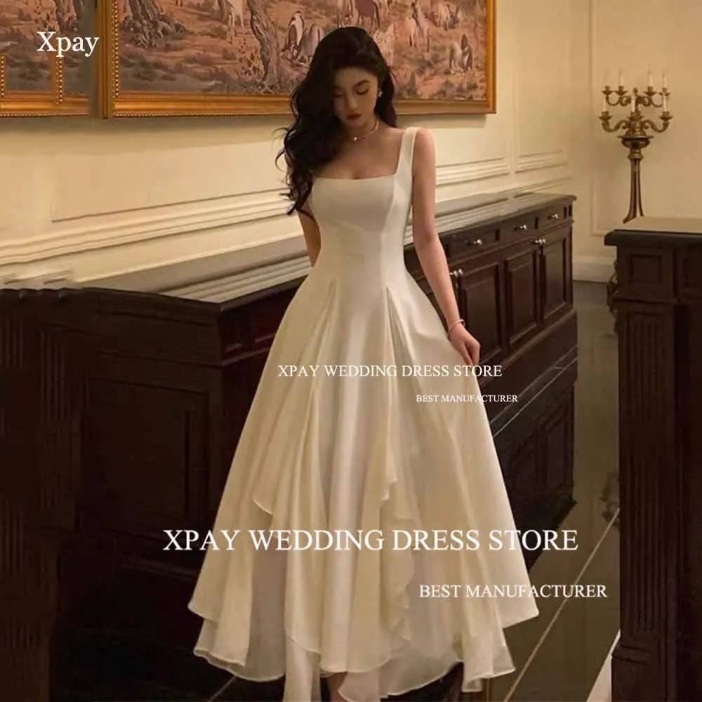 XPAY elegante collo quadrato una linea abiti da sposa cinghie larghe abito da sposa senza maniche pieghe aperte sul retro abito da sposa in raso di Chiffon