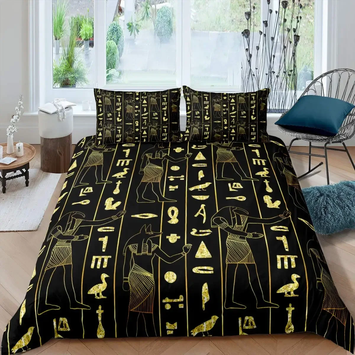 Ancient Egypt Duvet Cover Set,Egyptian Symbol Comforter Cover Vintage Pharaoh Pyramid Bedding Set Boho Tribal Quilt Cover 2/3pcs