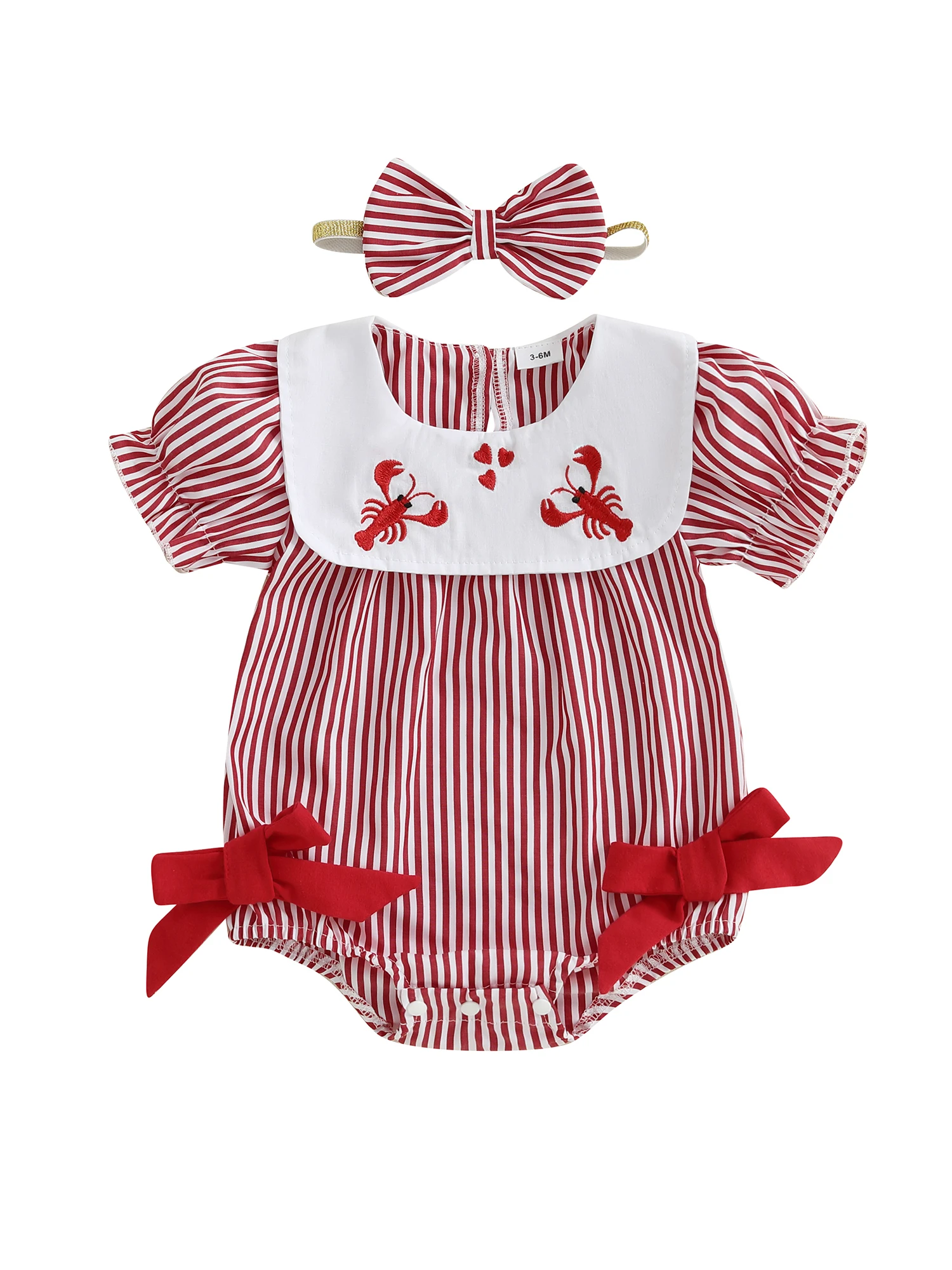 

Adorable Infant Lobster Embroidered Romper with Short Sleeves Peter Pan Collar Plaid Pattern and Matching Headband