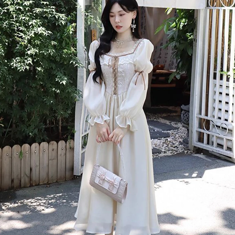 

Women's Jacquard Chiffon Waist A-line Dresses 2023 Autumn New Square Neck Slim Dresses Women's Lace-up Petal Sleeve Long Dresses