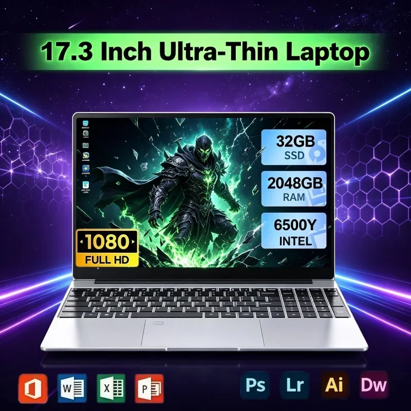 Intel 6500Y 17.3 Inch Notebook PC Windows11 32GB RAM 2TB SSD Fingerprint Unlock Portable Computer For Office Gaming Daily Use