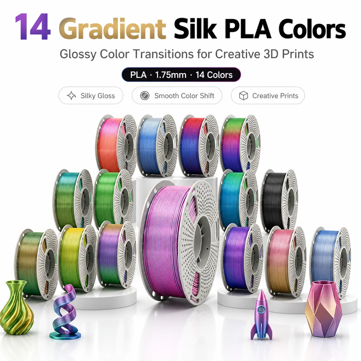 Silk PLA 3D Printer Filament 1.75mm, 14-Pack Assorted Rainbow, Dual & Multi-Color Co-Extrusion Shiny Finish, 1kg per Spool (Total 14kg), Dimensional Accuracy +/- 0.03mm, Fits Most FDM Printers