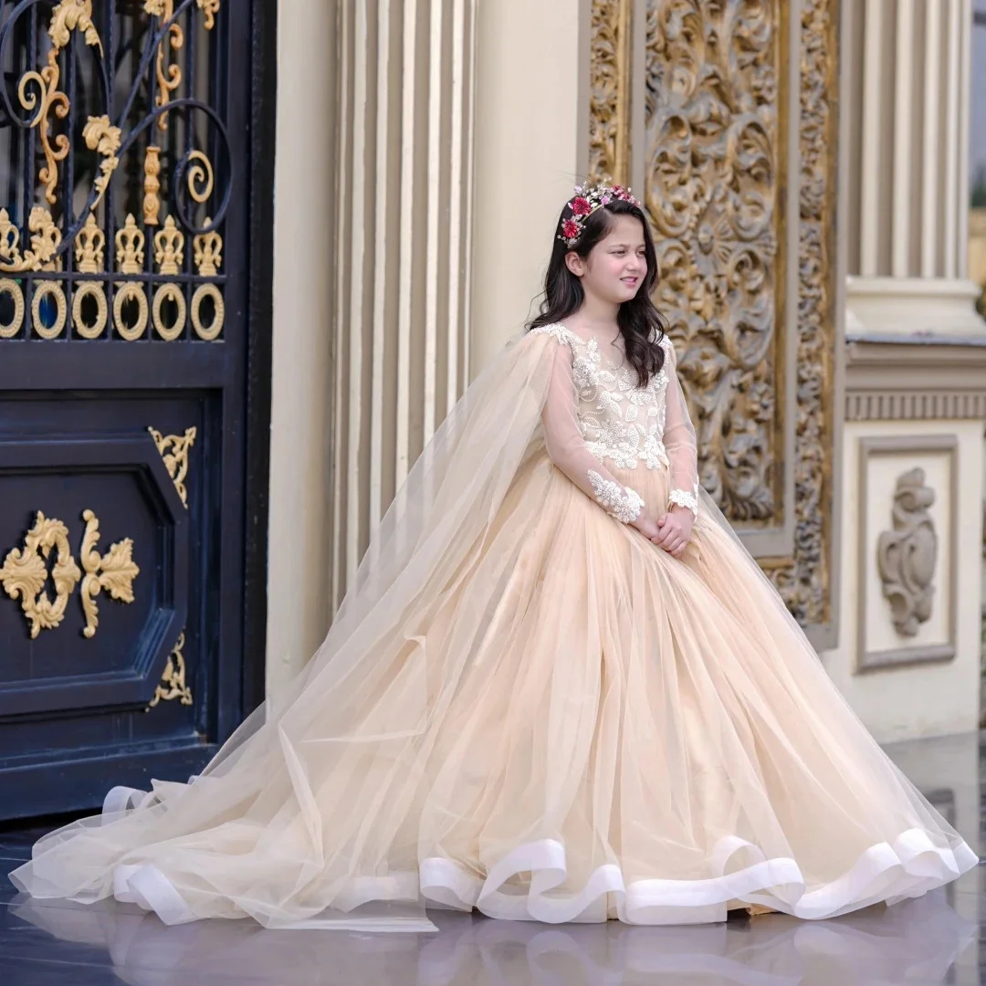 Vestido champanhe personalizado para meninas, vestido de tule com xale de manga comprida para festa de aniversário de casamento, vestido de comunhão sagrada