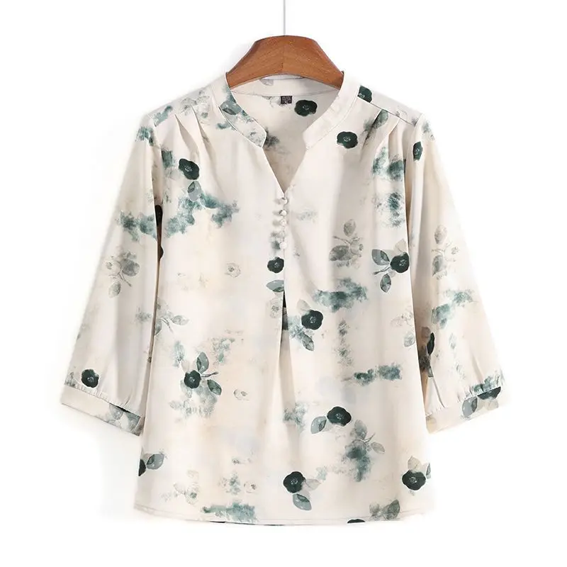 Nuevo traje de madre de mediana edad a la moda, camisa elegante de verano de estilo chino con mangas 3/4 para mujeres mayores