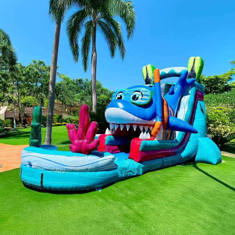 18FT Inflatable Shark Water Slide Single Lane Slide a Splash Bounce with Pool Inflatable Bouncy Castle Slide Outdoor for Party