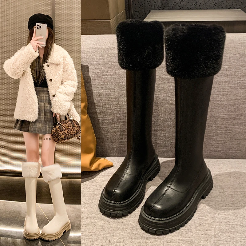 

Fur Flats Platform Women High Boots Fad Mid Heels Shoes Plush Warm Knee High Snow Boots Winter 2025 Trend Goth Pumps Botas Mujer