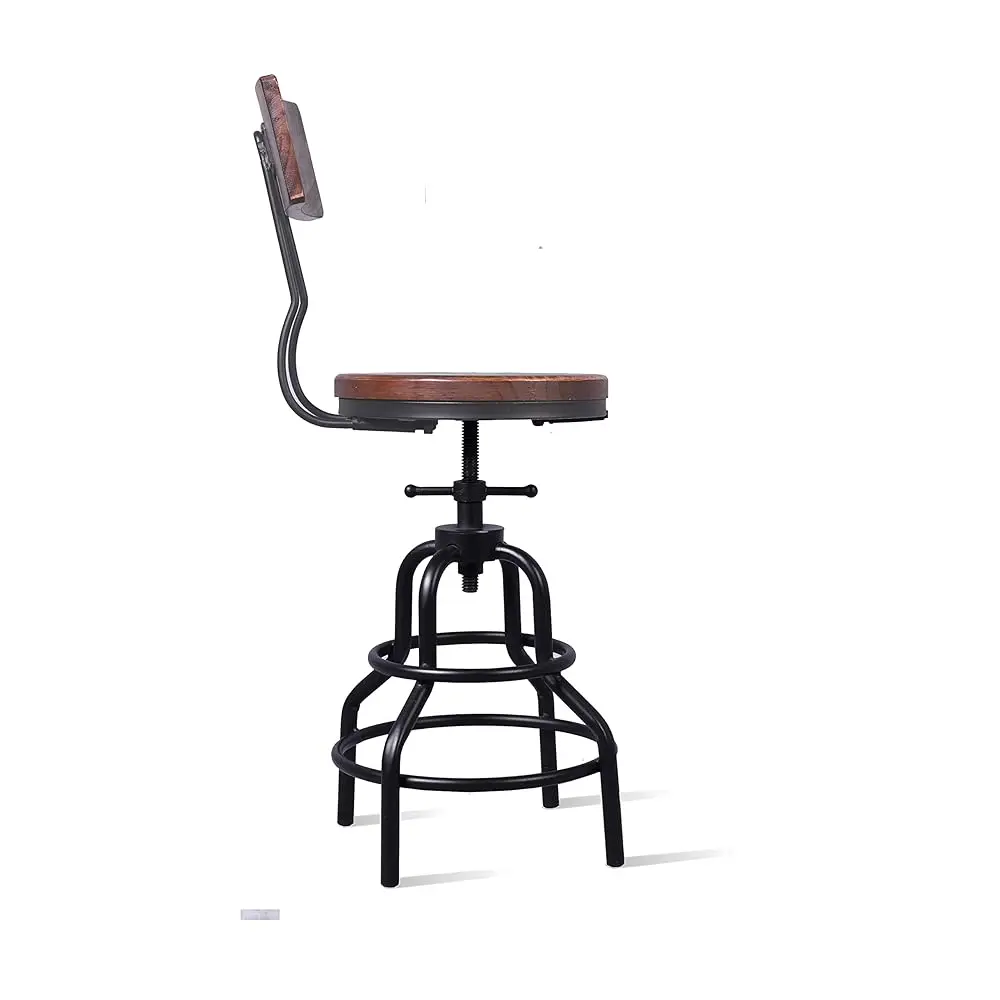 Industrial Vintage Counter Stool, Kitchen Counter Height Adjustable Swivel Chair, Metal Frame Stool, With Wood Backrest,