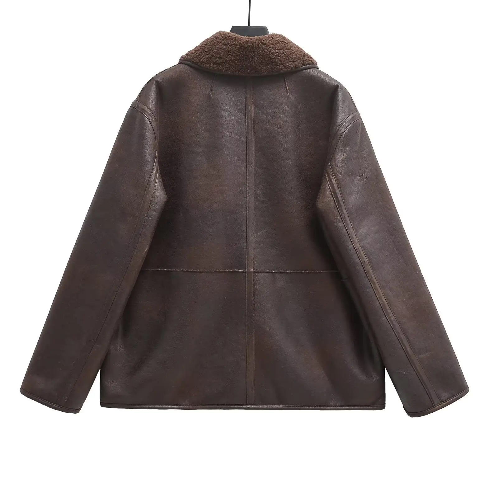 Spring and Autumn Simple Commuting European and American Style Imitation Leather Double Sided Long Sleeved Coat Women