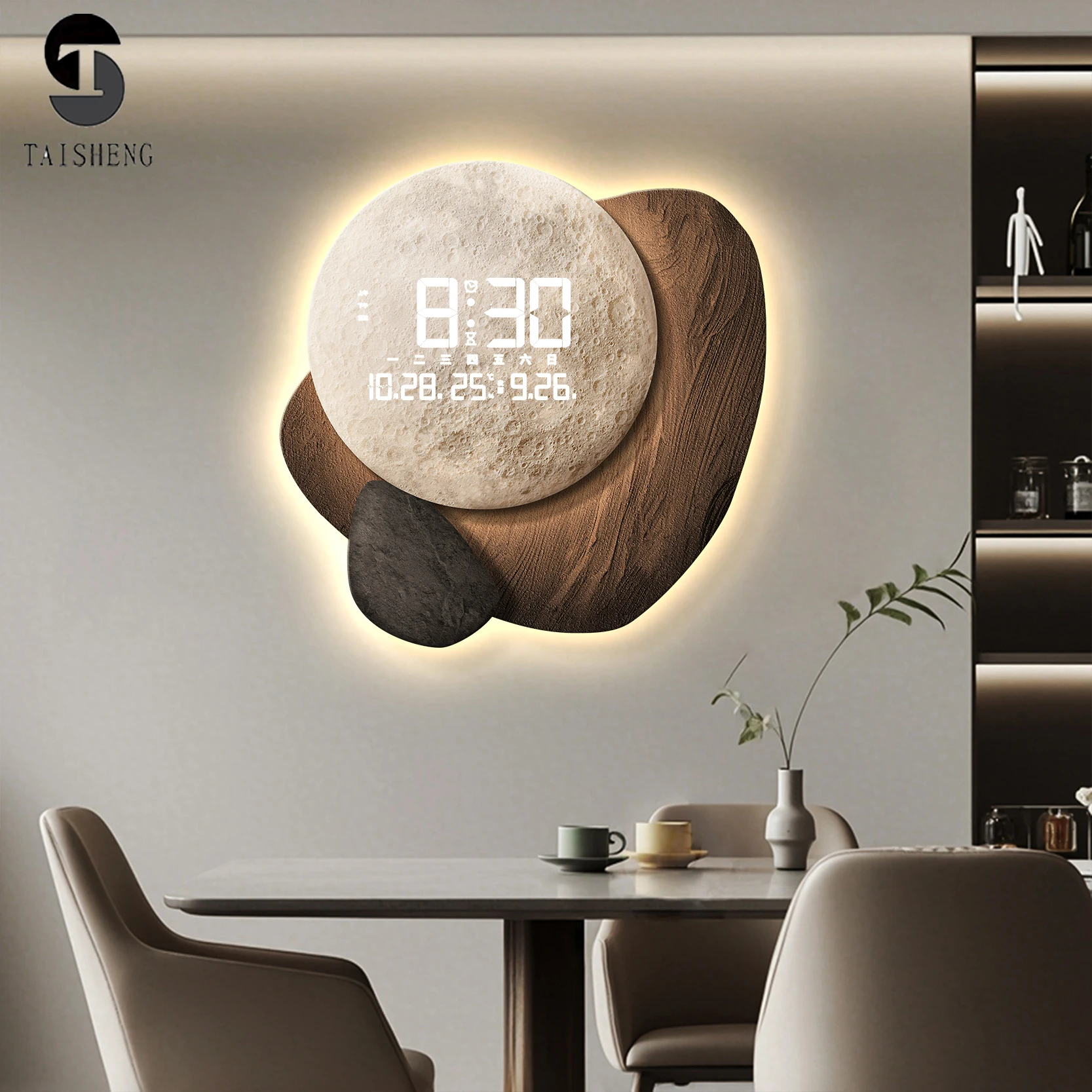 Radar Digital Display Date Weather Restaurant Clock Creative High-End Living Room Wall Clock Entryway Wall Clock with Light
