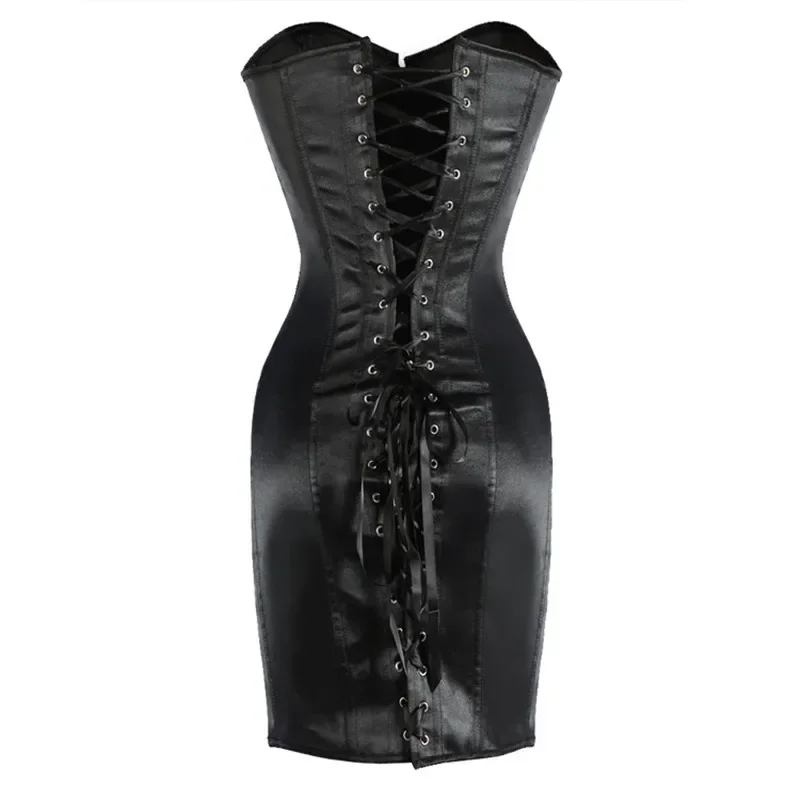 Corsets Dress for Women Sexy Overbust Bustier Top Body Shaper Long Torso Korsett Plus Size Satin Lace Up Gothic Corsetto Black