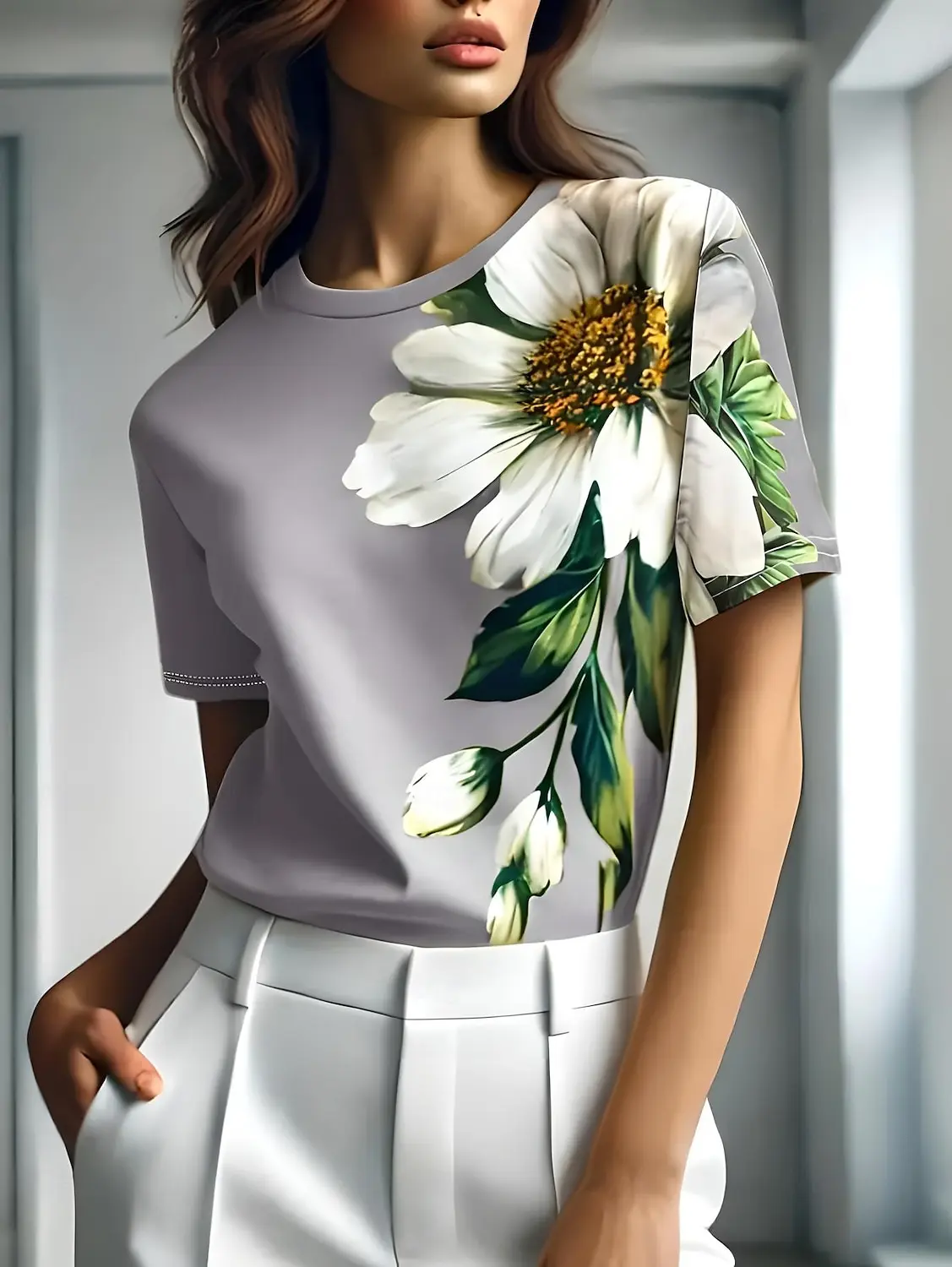 3DPrinted Short Sleeve Floral Small White Flower Printed Women's Round Neck T-shirt Summer Loose Women's Casual Short Sleeve Top