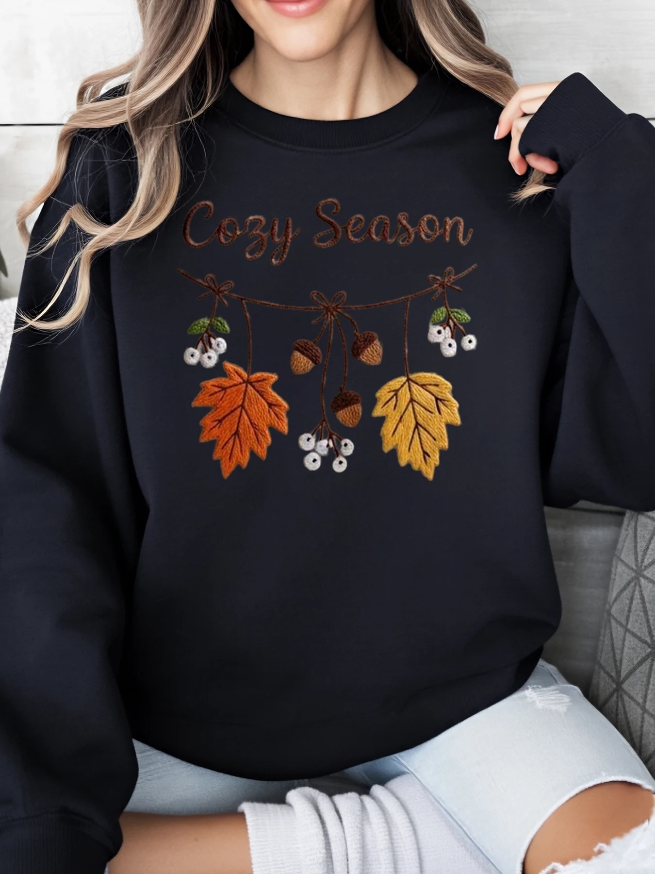 مريح موسم الخريف يترك الجوزة والتوت طباعة البلوز الخريف المرأة لباس غير رسمي أسود حجم كبير #1