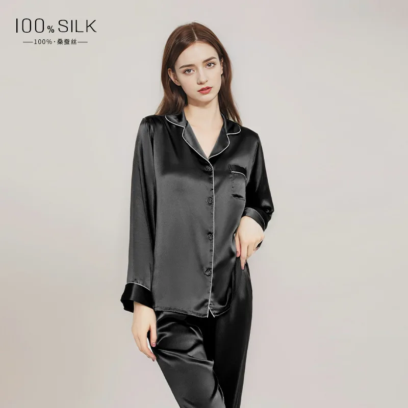 2025 New Summer Style Silk Pajamas Set for Women, Long Sleeves and Long Pants, 100% Mulberry Silk, Light Luxury Loungewear Set