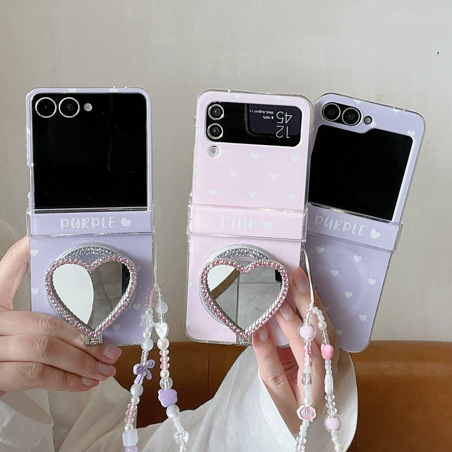 Ins Magnetic Heart Phone Case for Samsung Galaxy Z Flip6 7 6 5 4 3 Flip7 6 Cover With Magsafe Diamond Mirror Stand Lanyard Cover