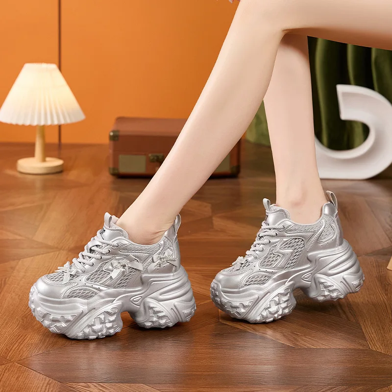 

Женские летние кроссовки на платформе 10 см, увеличивающие рост, дышащие, сетчатые, повседневные, для невысоких