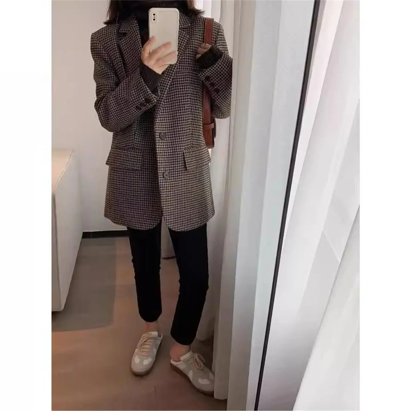 

Ce Brown Plaid Woolen Suit Jaet Women's Loose Winter Outerwear Straight Cut Polyester Fiber Long Sve Regular Length