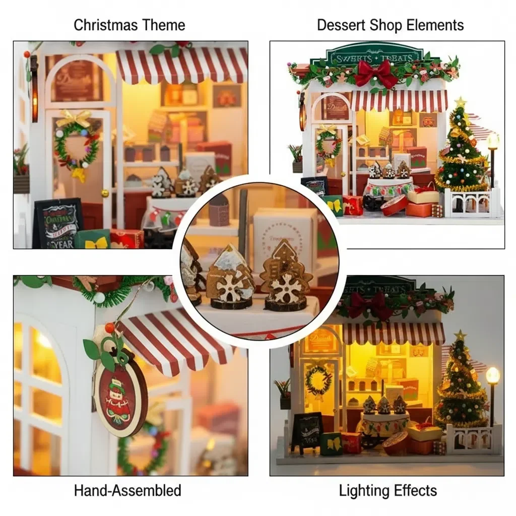 Christmas Dollhouse DIY Miniature Kit with Furniture Xmas Village Wooden Model House Holiday Gift for Teens Adults