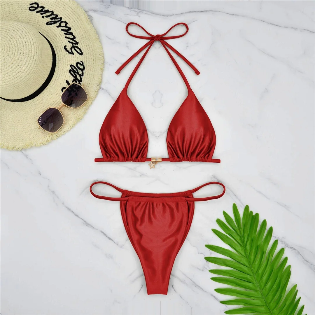 S - XL Neuer, sexy, goldener Bikini mit hohem Beinausschnitt, Damen-Badeanzug, zweiteiliges Bikini-Set, Badebekleidung, Badeanzug, Modell V6192G. – Detail 7