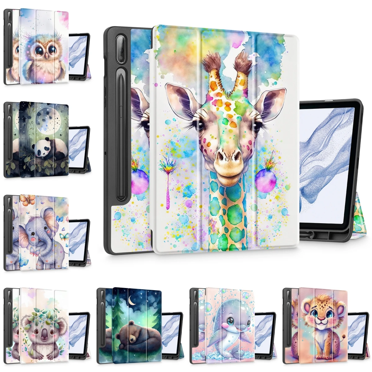 Watercolor Giraffe for Samsung Galaxy Tab S9 11 inch 2023 Trifold Leather Stand TPU Soft Back Protective Cover Auto Wake/Sleep