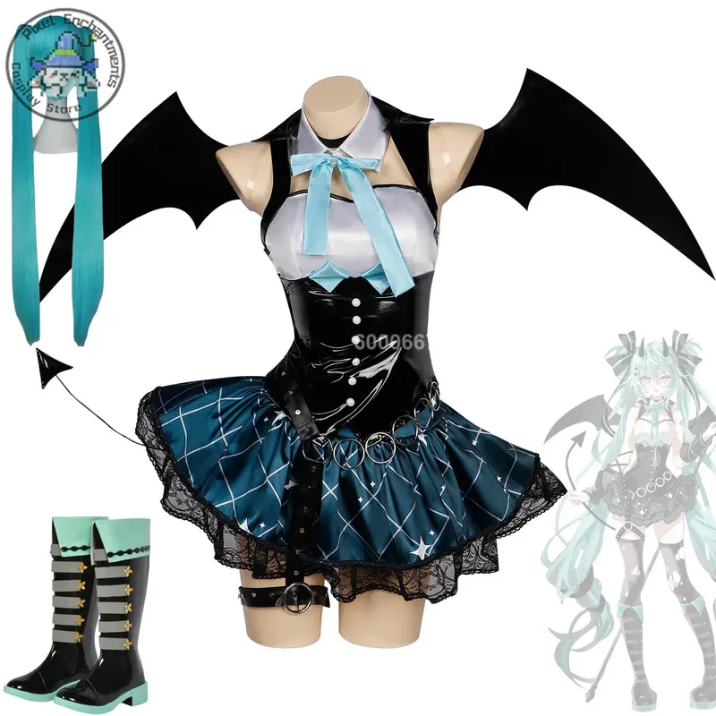 

Аниме красочный сценический виртуальный идол косплей костюм маленький дьявол сексуальное черное кожаное платье парик с крыльями полный комплект для женщин Хэллоуин