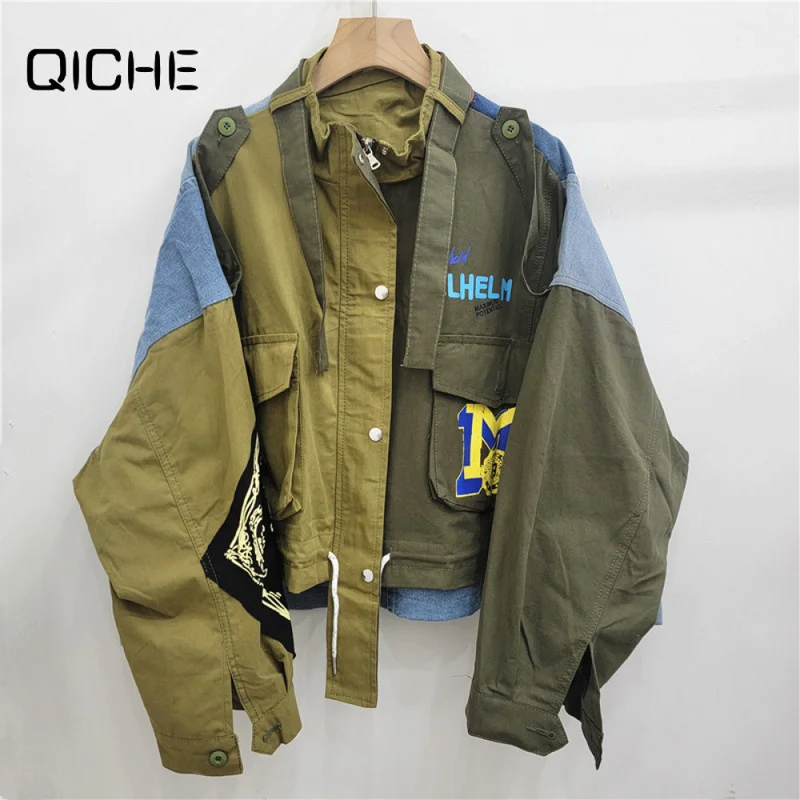 QICHE 2026 Autumn Women Army‑Green Cropped Cargo Jacket Letter‑Print Loose Casual Outerwear