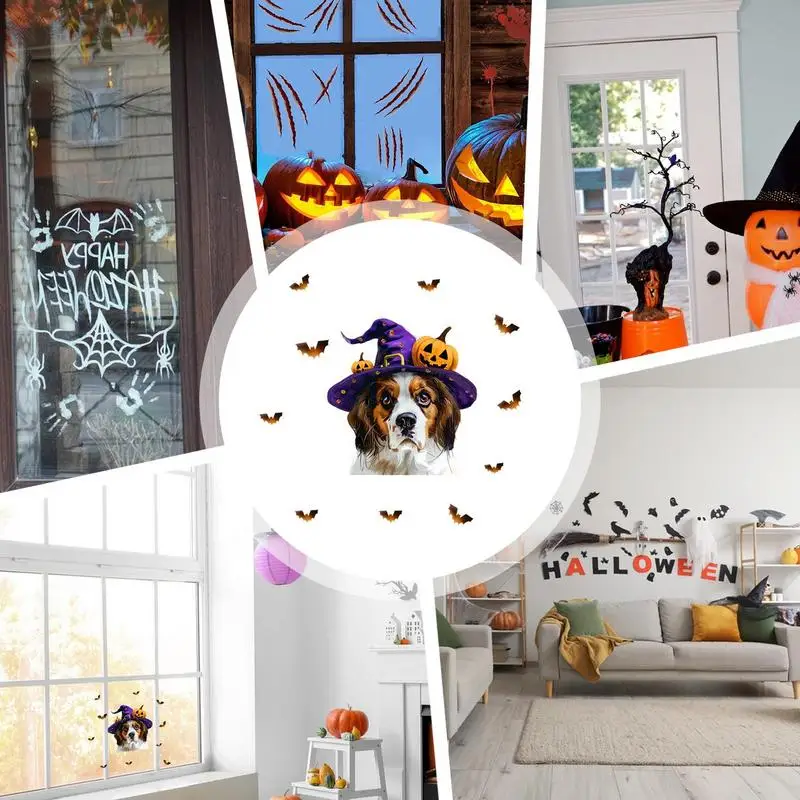 Halloween adesivos de parede para janela, desenhos animados, cão, cão, decalque, dupla face, visibilidade, arte, cartaz removível, casca