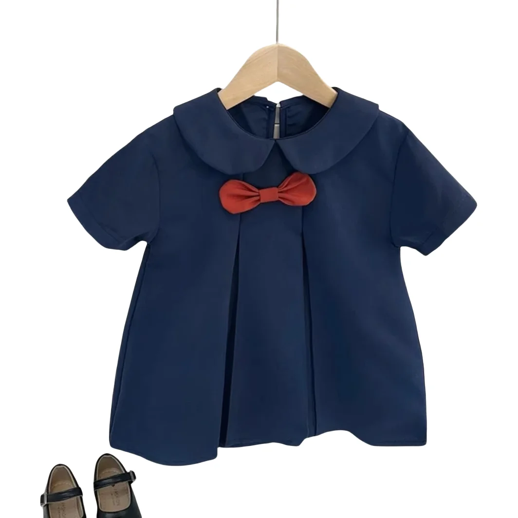 1-7 Y Korean Style Kids Girls Blue Cotton Dress with Bowknot, Cute & Comfortable Toddler Fashion for Baby Girls